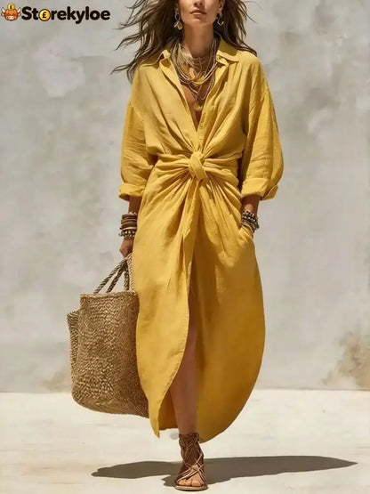 Women’S Solid Color Shirt Collar Single-Breasted Pocket Cardigan Long-Sleeved Casual Dress - Yellow / XS - Dresses