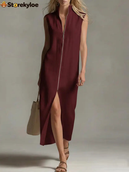 Women’s Solid Color Stand-collar Sleeveless Casual Loose Linen Dress - Burgundy / S