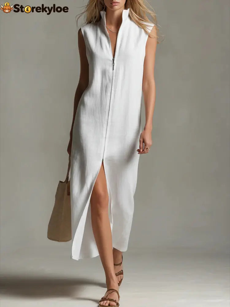 Women’s Solid Color Stand-collar Sleeveless Casual Loose Linen Dress - White / S