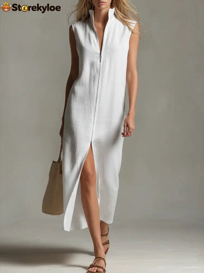 Women’s Solid Color Stand-collar Sleeveless Casual Loose Linen Dress - White / S
