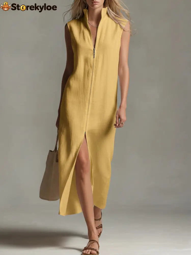Women’s Solid Color Stand-collar Sleeveless Casual Loose Linen Dress - Yellow / S