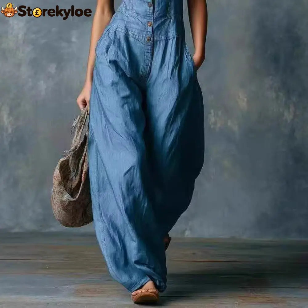 Women’S Spring Thin Loose Sleeveless Ethnic Tribal Denim Jumpsuit