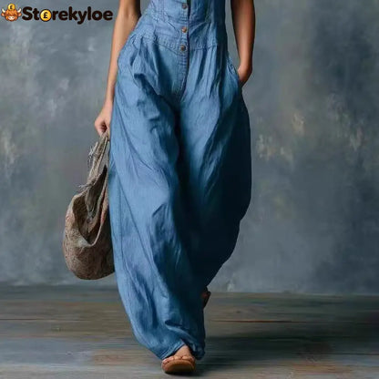 Women’S Spring Thin Loose Sleeveless Ethnic Tribal Denim Jumpsuit