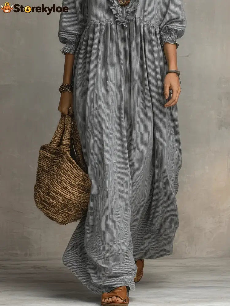 Women’s Striped Art Print Casual Stylish Ruffled Vacation Maxi Dress