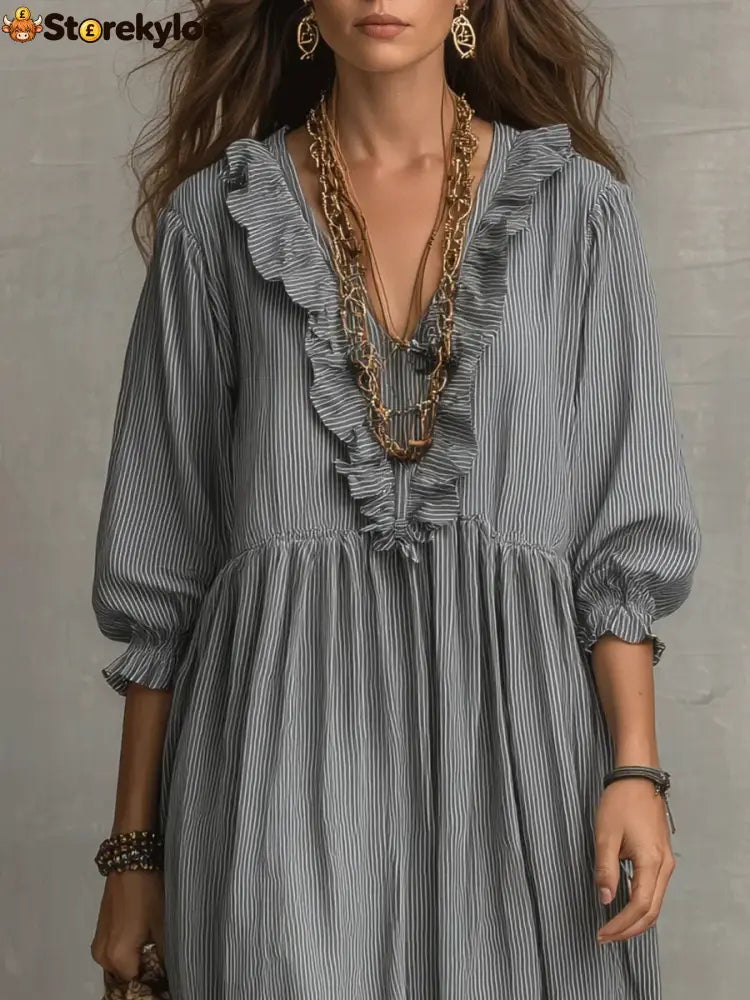 Women’s Striped Art Print Casual Stylish Ruffled Vacation Maxi Dress