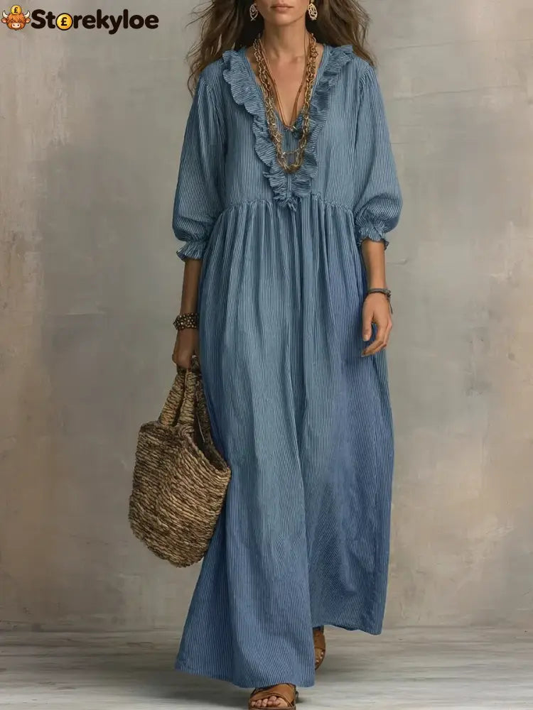 Women’s Striped Art Print Casual Stylish Ruffled Vacation Maxi Dress - Blue / S