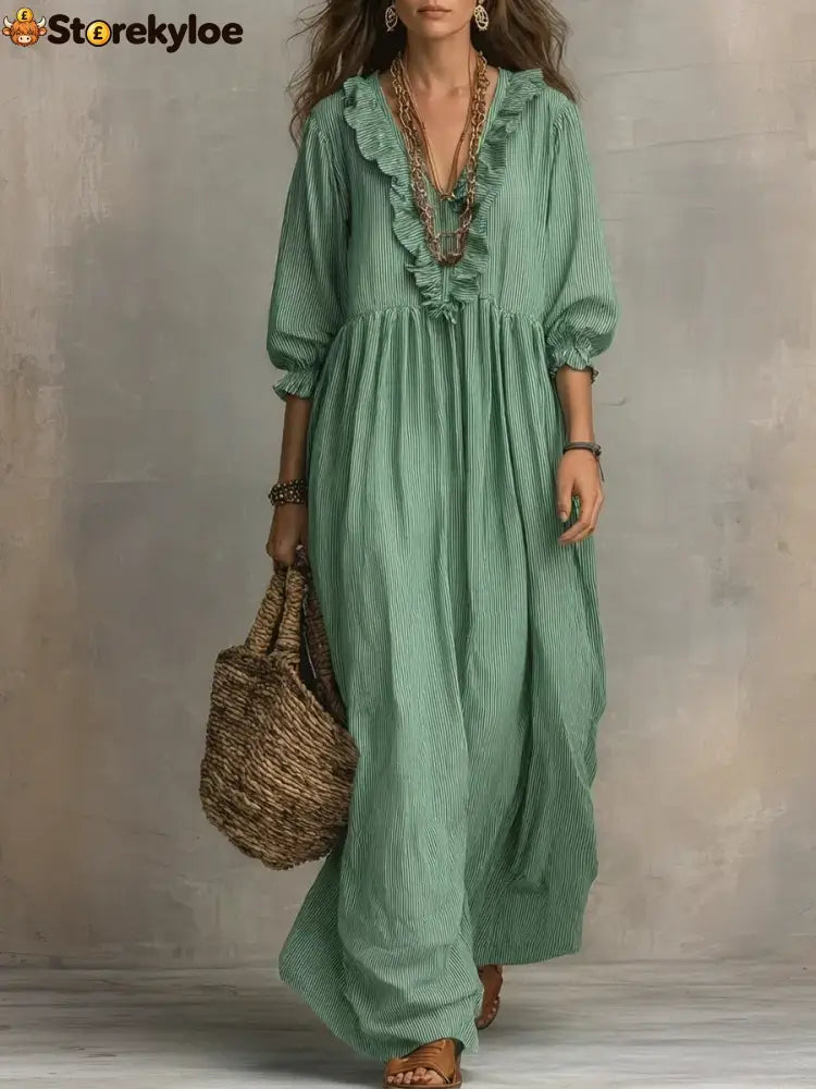 Women’s Striped Art Print Casual Stylish Ruffled Vacation Maxi Dress - Green / S