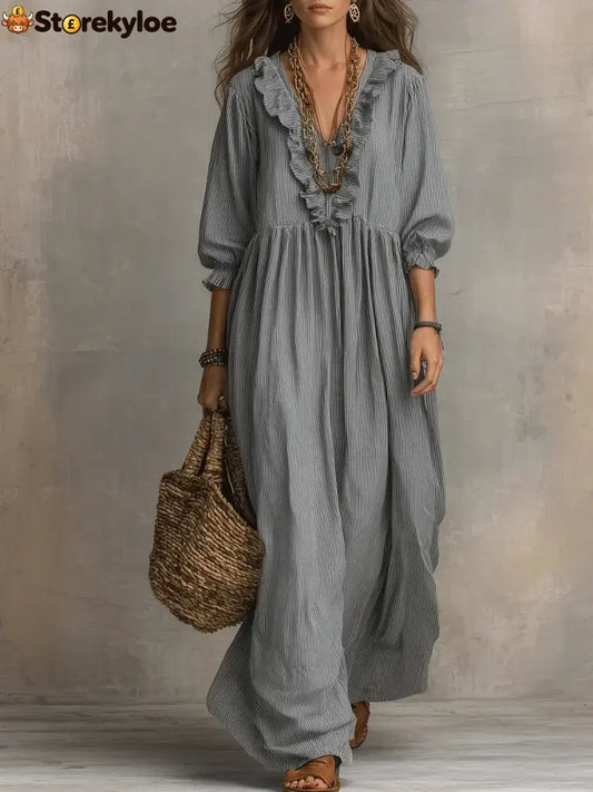Women’s Striped Art Print Casual Stylish Ruffled Vacation Maxi Dress - Grey / S