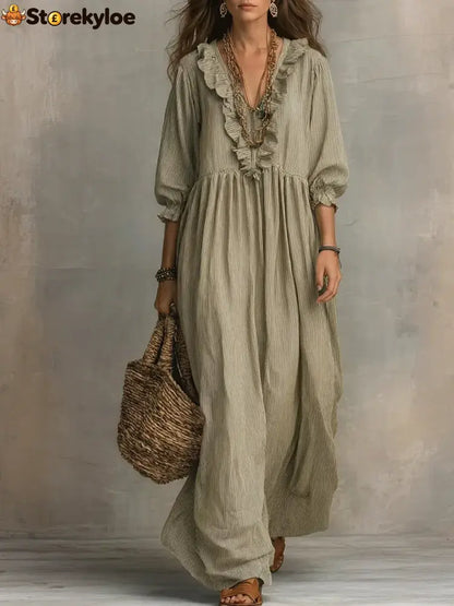 Women’s Striped Art Print Casual Stylish Ruffled Vacation Maxi Dress - Khaki / S
