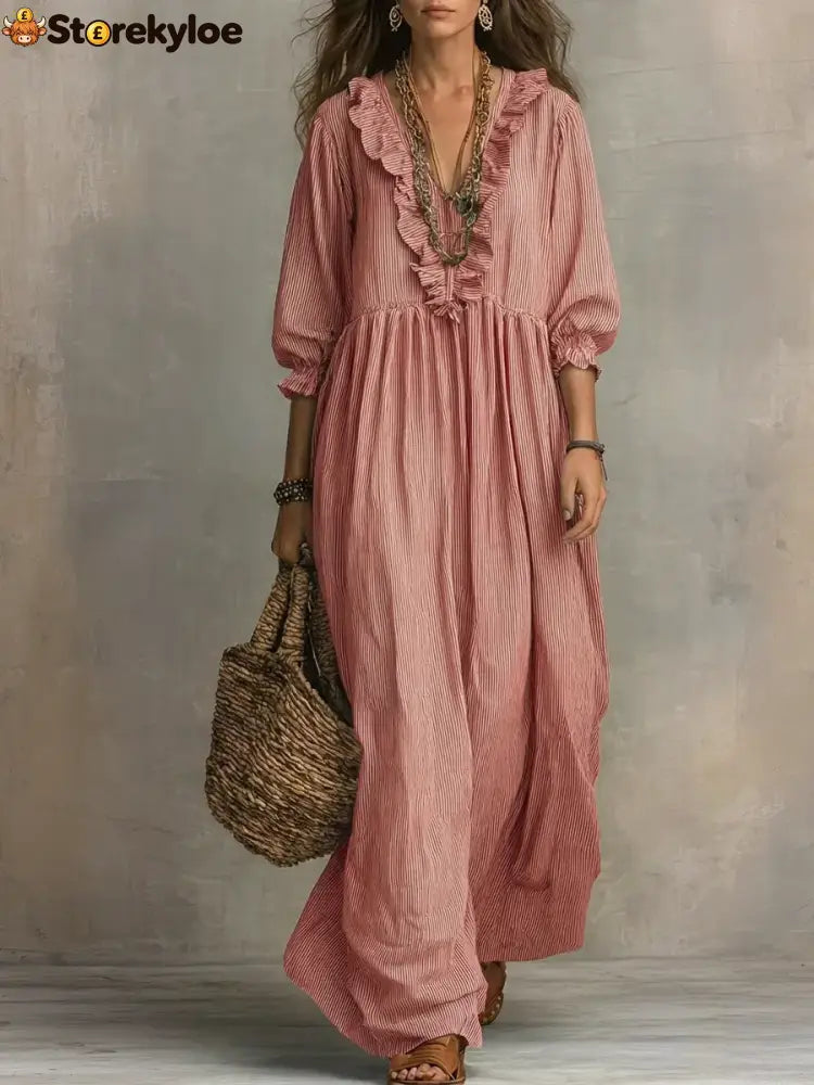 Women’s Striped Art Print Casual Stylish Ruffled Vacation Maxi Dress - Red / S