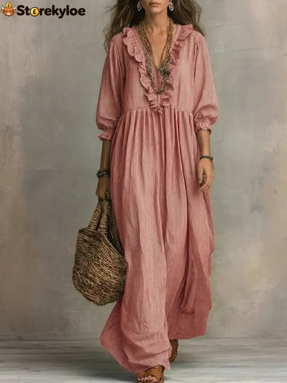 Women’s Striped Art Print Casual Stylish Ruffled Vacation Maxi Dress - Red / S