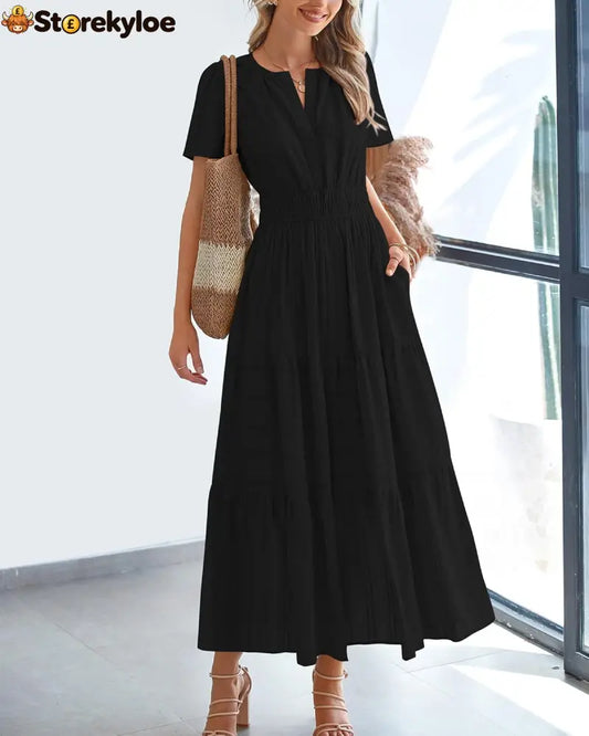 Womens Summer Lightweight Short Sleeve V Casual Midi Maxi Dresses