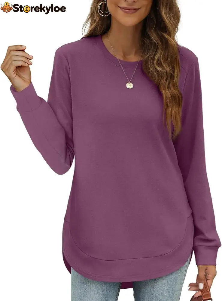 Women’s Sweatshirt Crewneck Curved Hem - Dark Purple / S