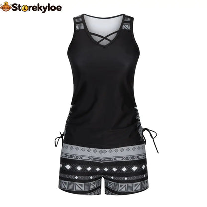 Women’s Tummy Control Tankini Set with Built-In Bra – Flattering Boho Swimwear with Shorts💝 - Black / S