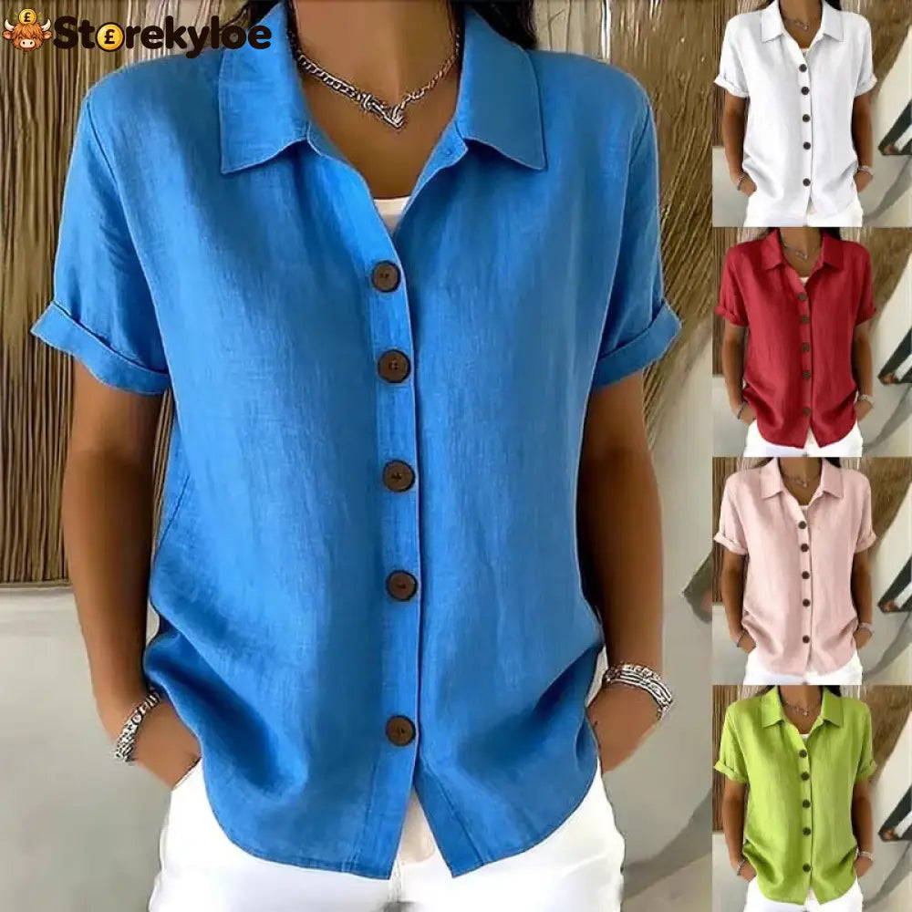 Women’s Turn-Down Collar Short Sleeve Linen Shirt