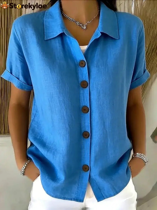 Women’s Turn-Down Collar Short Sleeve Linen Shirt - Blue / S