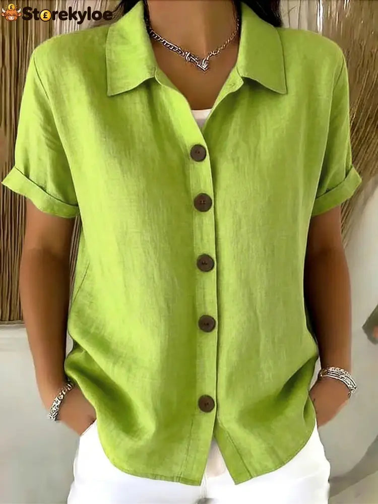 Women’s Turn-Down Collar Short Sleeve Linen Shirt - Green / S