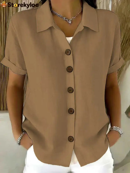 Women’s Turn-Down Collar Short Sleeve Linen Shirt - Khaki / S