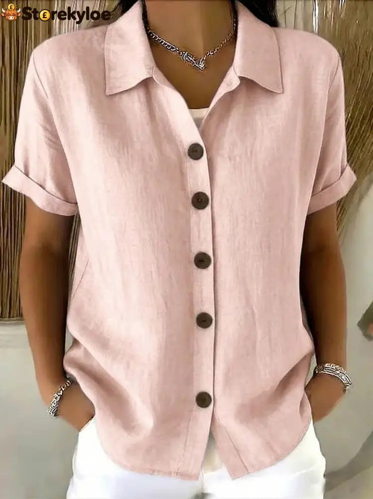 Women’s Turn-Down Collar Short Sleeve Linen Shirt - Pink / S