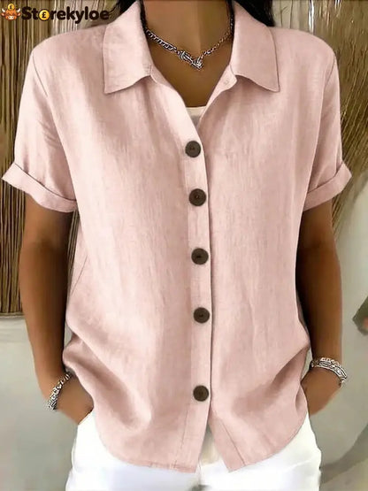 Women’s Turn-Down Collar Short Sleeve Linen Shirt - Pink / S