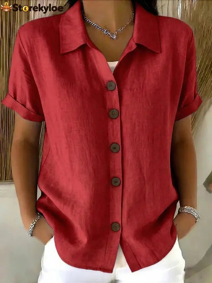 Women’s Turn-Down Collar Short Sleeve Linen Shirt - Red / S