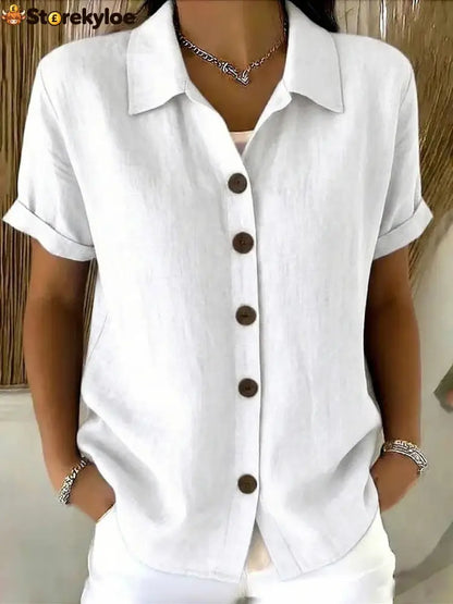 Women’s Turn-Down Collar Short Sleeve Linen Shirt - White / S