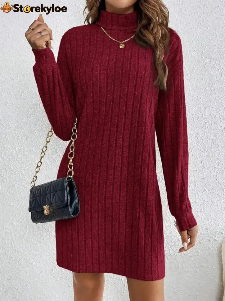 Women’s Turtleneck Vertical Ribbed Knit Midi Dress - Claret / S