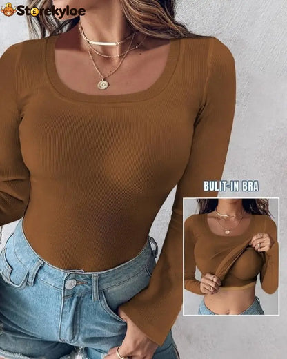 ??Womens U-Neck Built-in Bra Long Sleeve Ribbed Top Shirts Elegant Skinny Fit Fabric