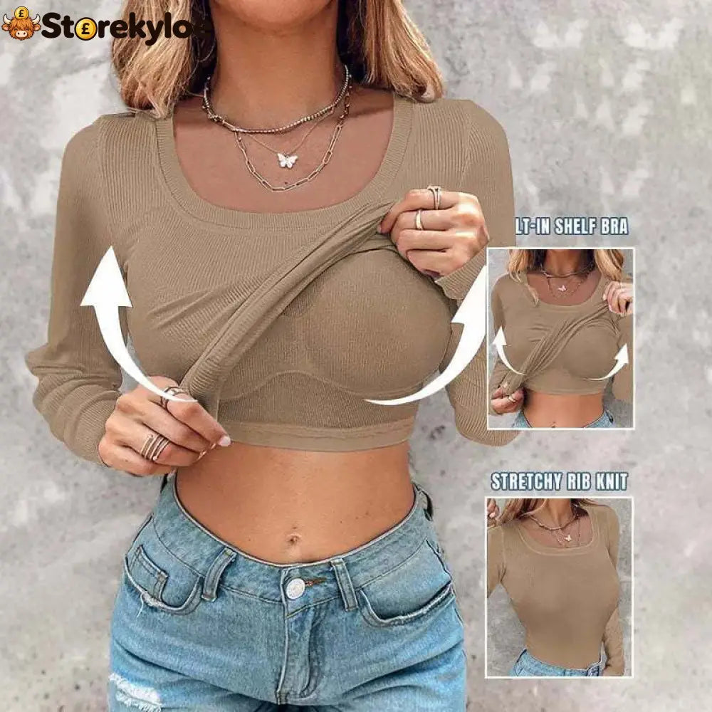 ??Womens U-Neck Built-in Bra Long Sleeve Ribbed Top Shirts Elegant Skinny Fit Fabric - Khaki / S
