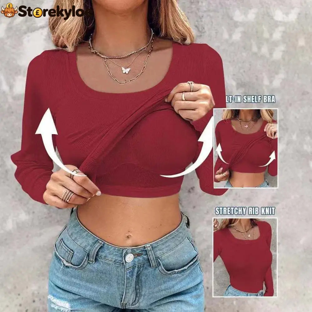 ??Womens U-Neck Built-in Bra Long Sleeve Ribbed Top Shirts Elegant Skinny Fit Fabric - Red / S