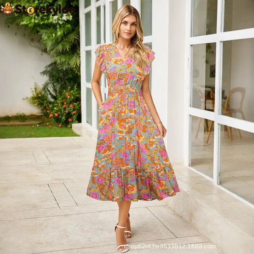 Women’s V-Neck Ruffle Sleeve Midi Dress - Versatile Casual Floral/Print Dress with Pockets (6 Colors Available) - Blue