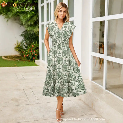 Women’s V-Neck Ruffle Sleeve Midi Dress - Versatile Casual Floral/Print Dress with Pockets (6 Colors Available) - Green