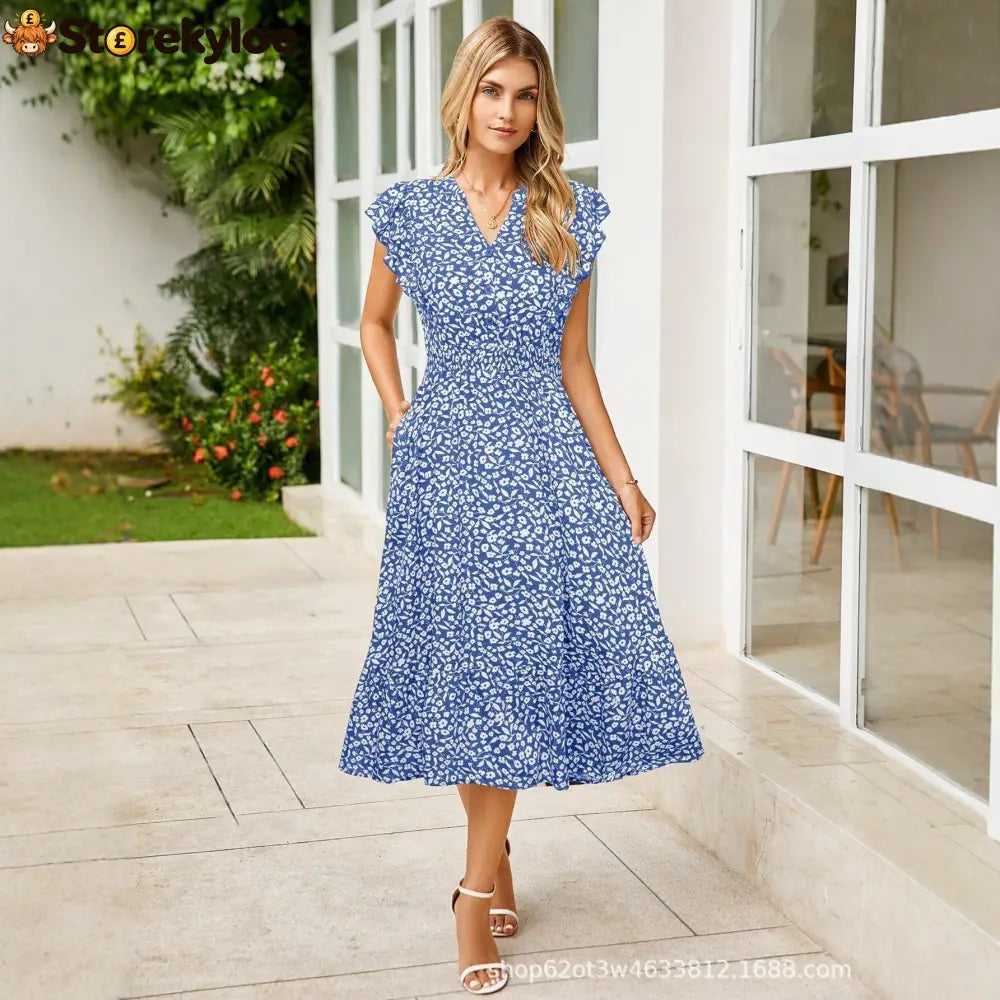 Women’s V-Neck Ruffle Sleeve Midi Dress - Versatile Casual Floral/Print Dress with Pockets (6 Colors Available) - Sky