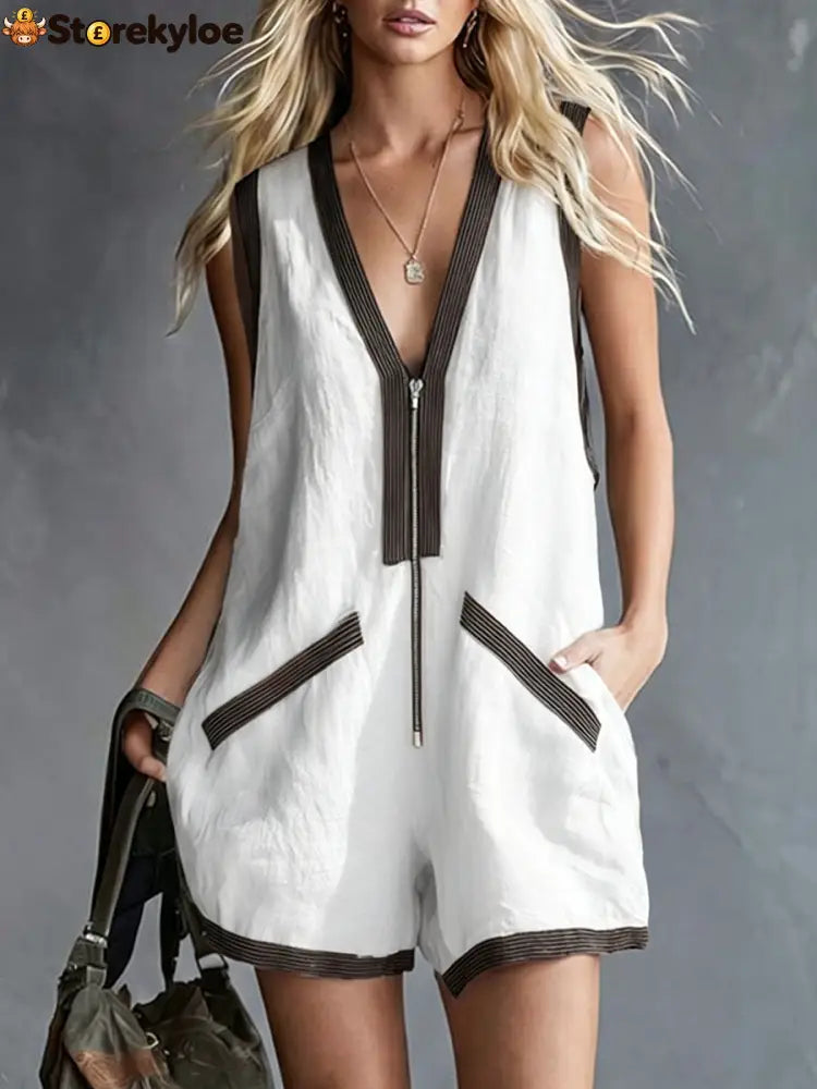 Women’s V-neck Sleeveless Casual Loose Cotton-linen Wide-leg Romper - White / S