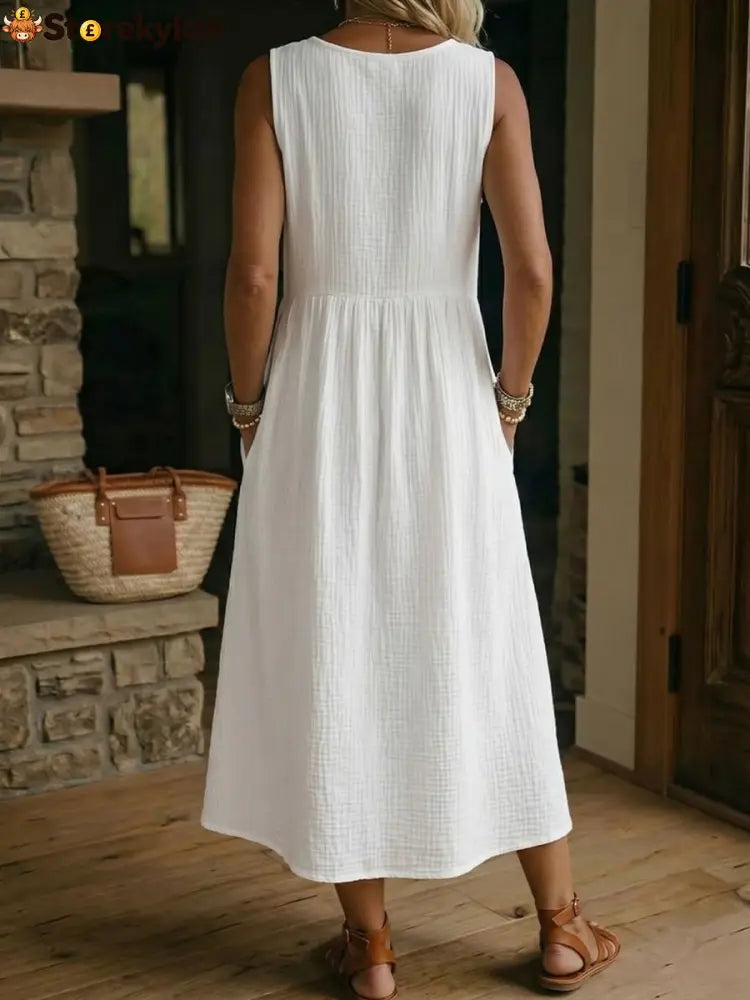 Women’s V-neck Sleeveless Cotton-linen Dress