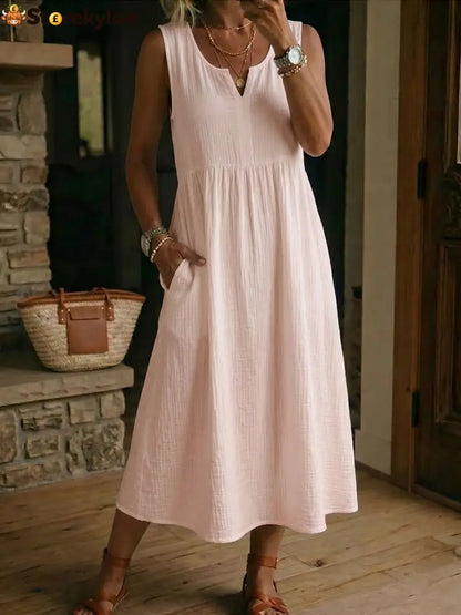 Women’s V-neck Sleeveless Cotton-linen Dress - Pink / S
