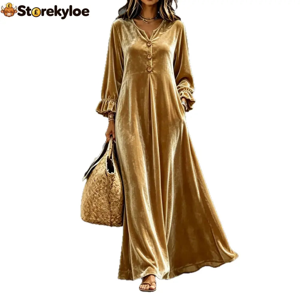 Women’s V‑Neck Velvet Ruffle Cuff Maxi Dress