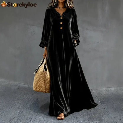 Women’s V‑Neck Velvet Ruffle Cuff Maxi Dress