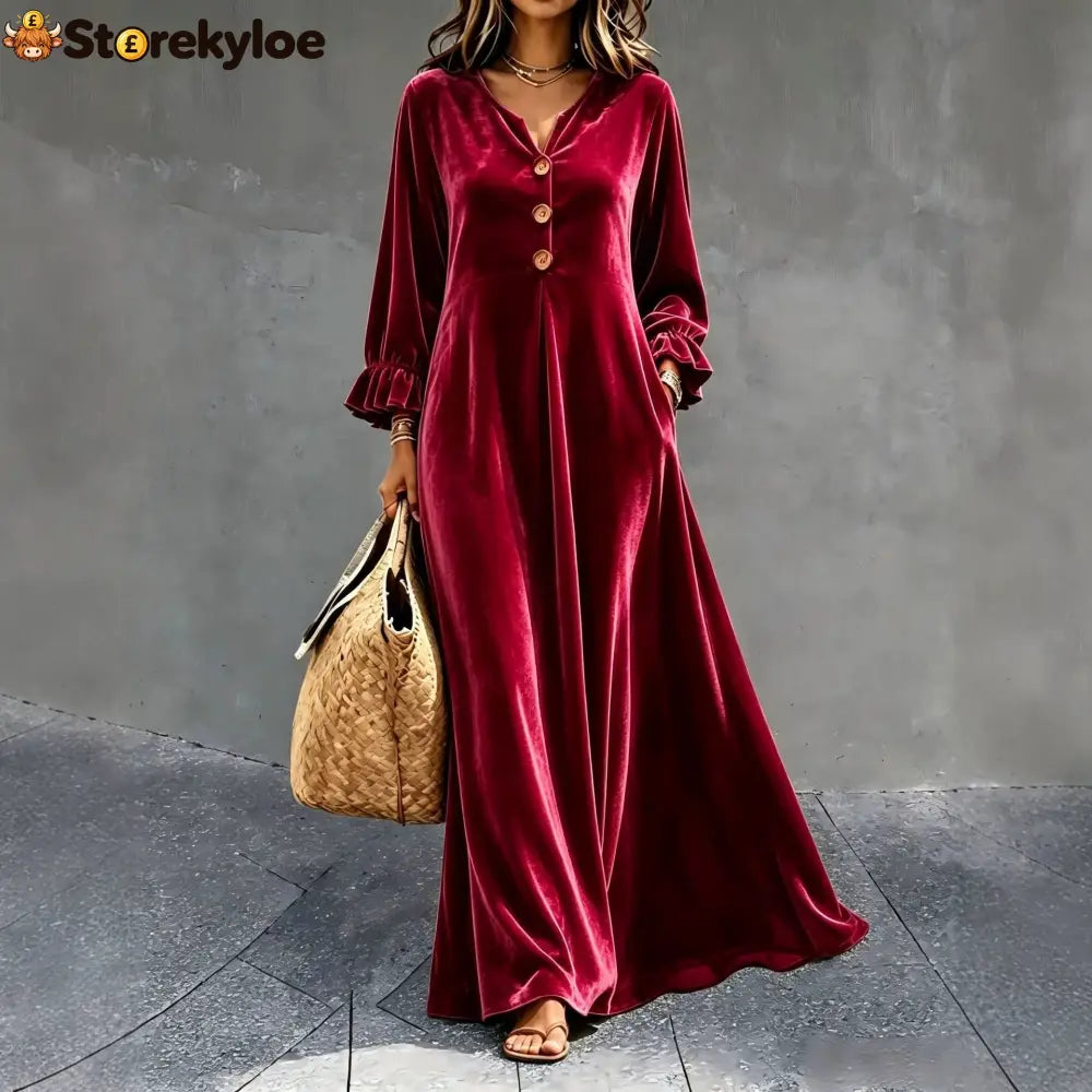 Women’s V‑Neck Velvet Ruffle Cuff Maxi Dress