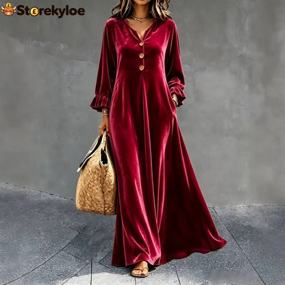 Women’s V‑Neck Velvet Ruffle Cuff Maxi Dress