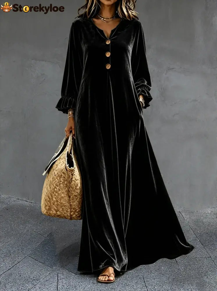 Women’s V‑Neck Velvet Ruffle Cuff Maxi Dress - Black / S