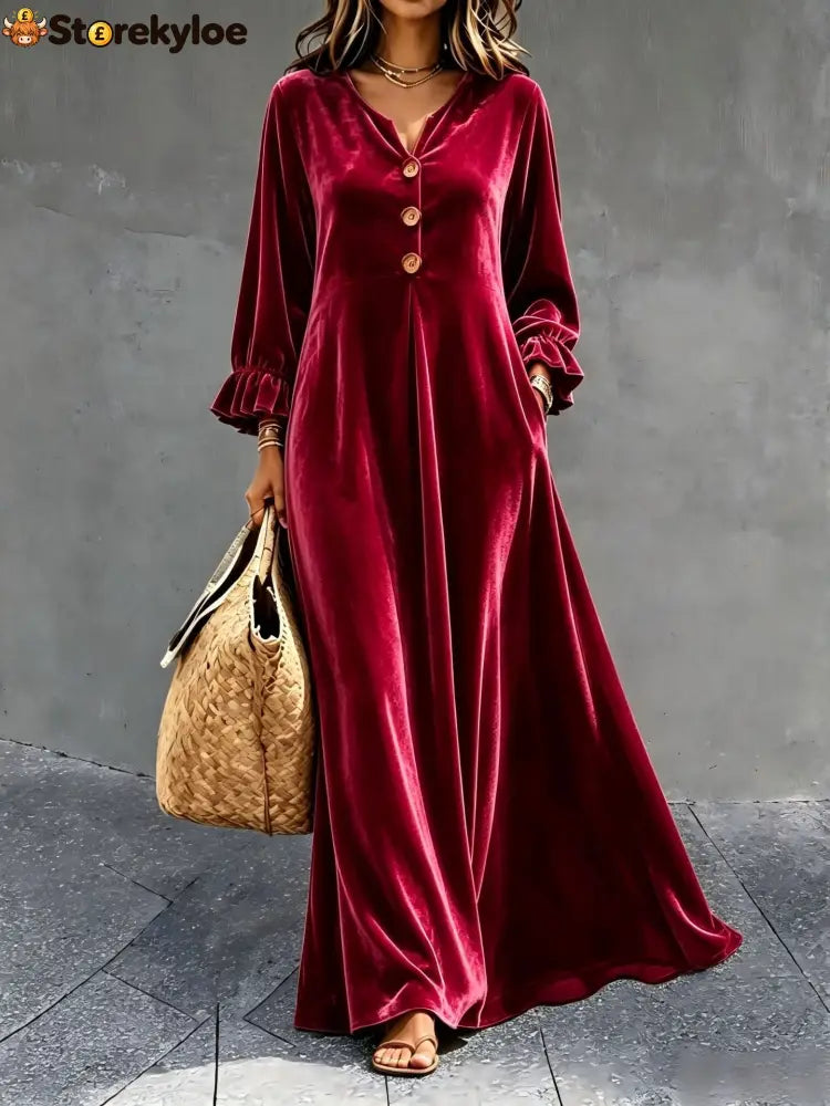 Women’s V‑Neck Velvet Ruffle Cuff Maxi Dress - Claret / S