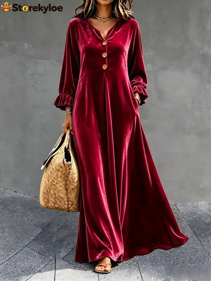 Women’s V‑Neck Velvet Ruffle Cuff Maxi Dress - Claret / S