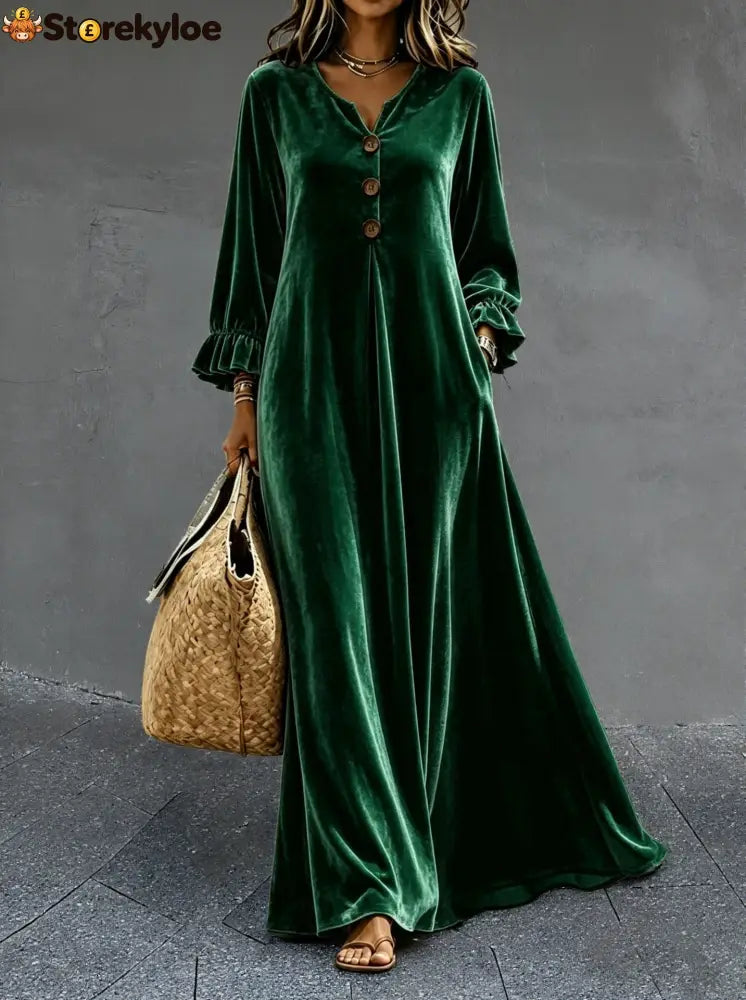 Women’s V‑Neck Velvet Ruffle Cuff Maxi Dress - Dark green / S