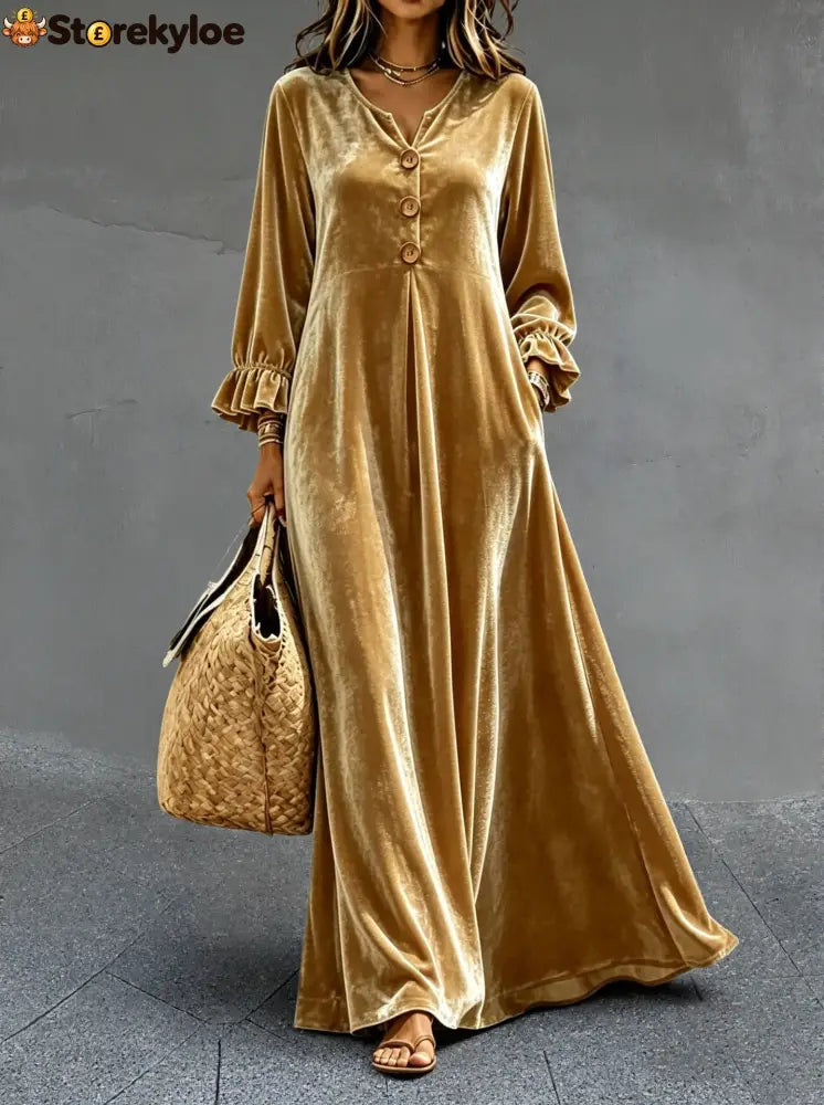 Women’s V‑Neck Velvet Ruffle Cuff Maxi Dress - Gold / S