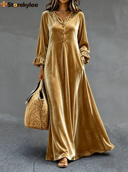 Women’s V‑Neck Velvet Ruffle Cuff Maxi Dress - Gold / S