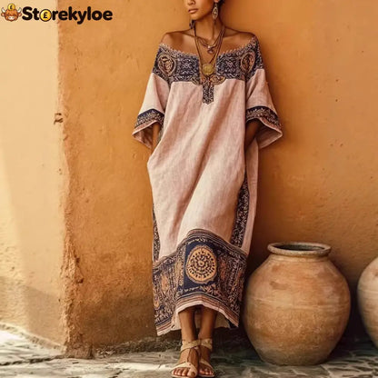 Women’S Vacation Bohemian Printed Loose Dress - Pink / S