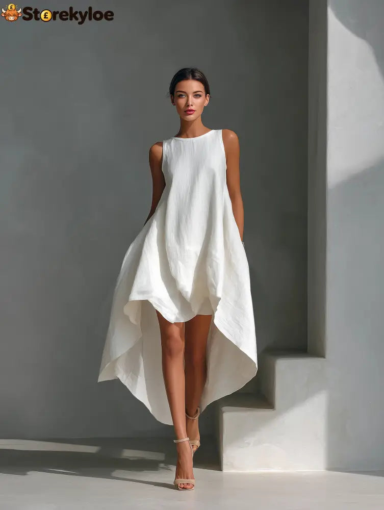 Women’s White Linen Fabric Sleeveless Midi Dress With Round Neck