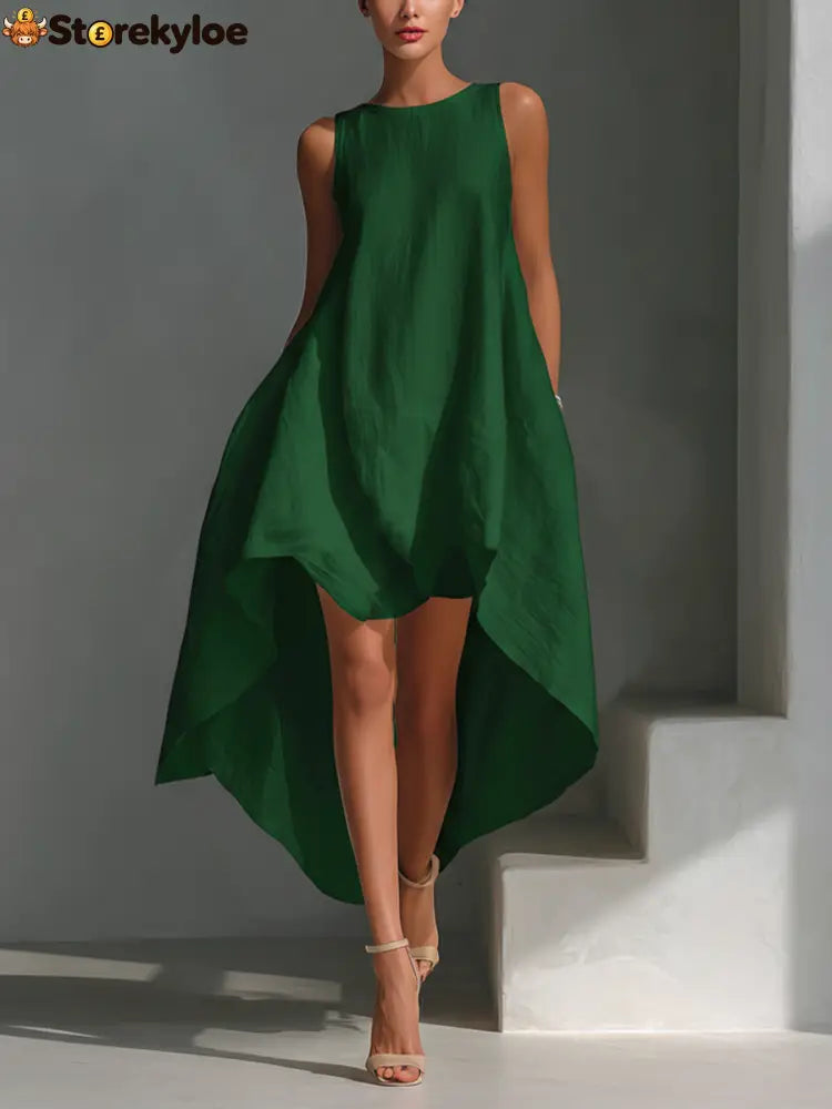 Women’s White Linen Fabric Sleeveless Midi Dress With Round Neck - Green / XS