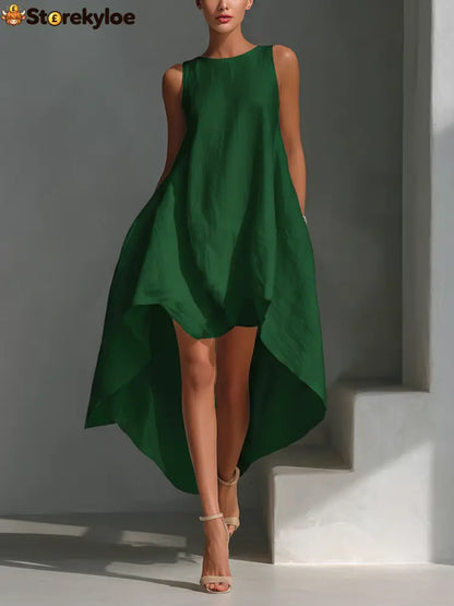 Women’s White Linen Fabric Sleeveless Midi Dress With Round Neck - Green / XS